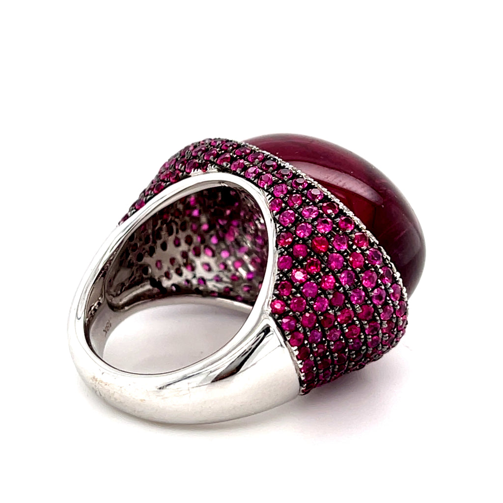 18k White Gold & Rubellite Tourmaline Cabochon Ring w/ Diamond, Ruby Accents, Size 7.