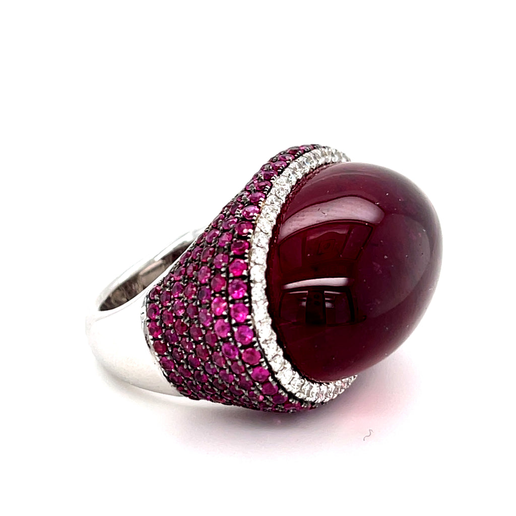 18k White Gold & Rubellite Tourmaline Cabochon Ring w/ Diamond, Ruby Accents, Size 7.