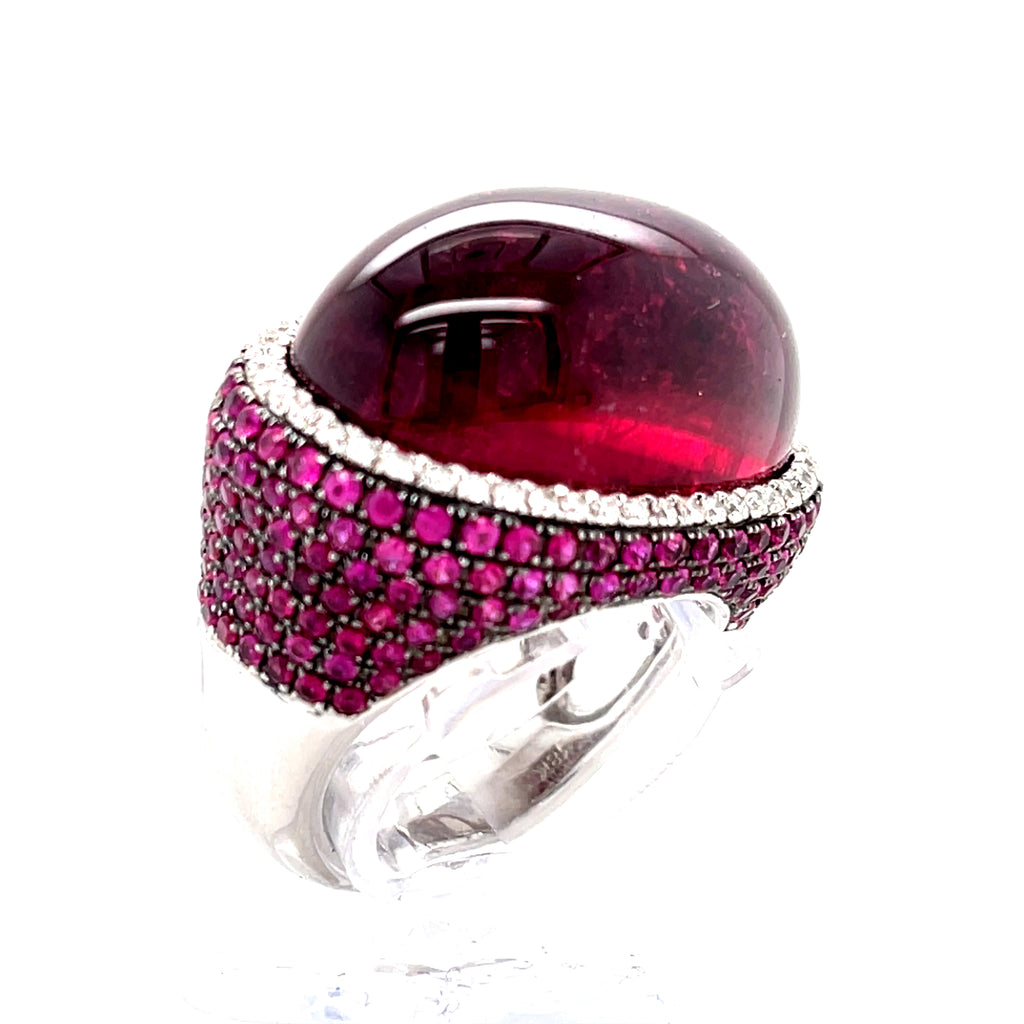 18k White Gold & Rubellite Tourmaline Cabochon Ring w/ Diamond, Ruby Accents, Size 7.