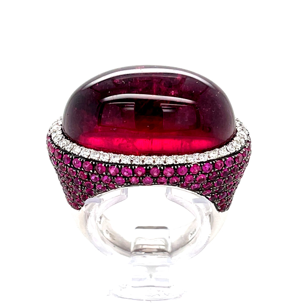 18k White Gold & Rubellite Tourmaline Cabochon Ring w/ Diamond, Ruby Accents, Size 7.
