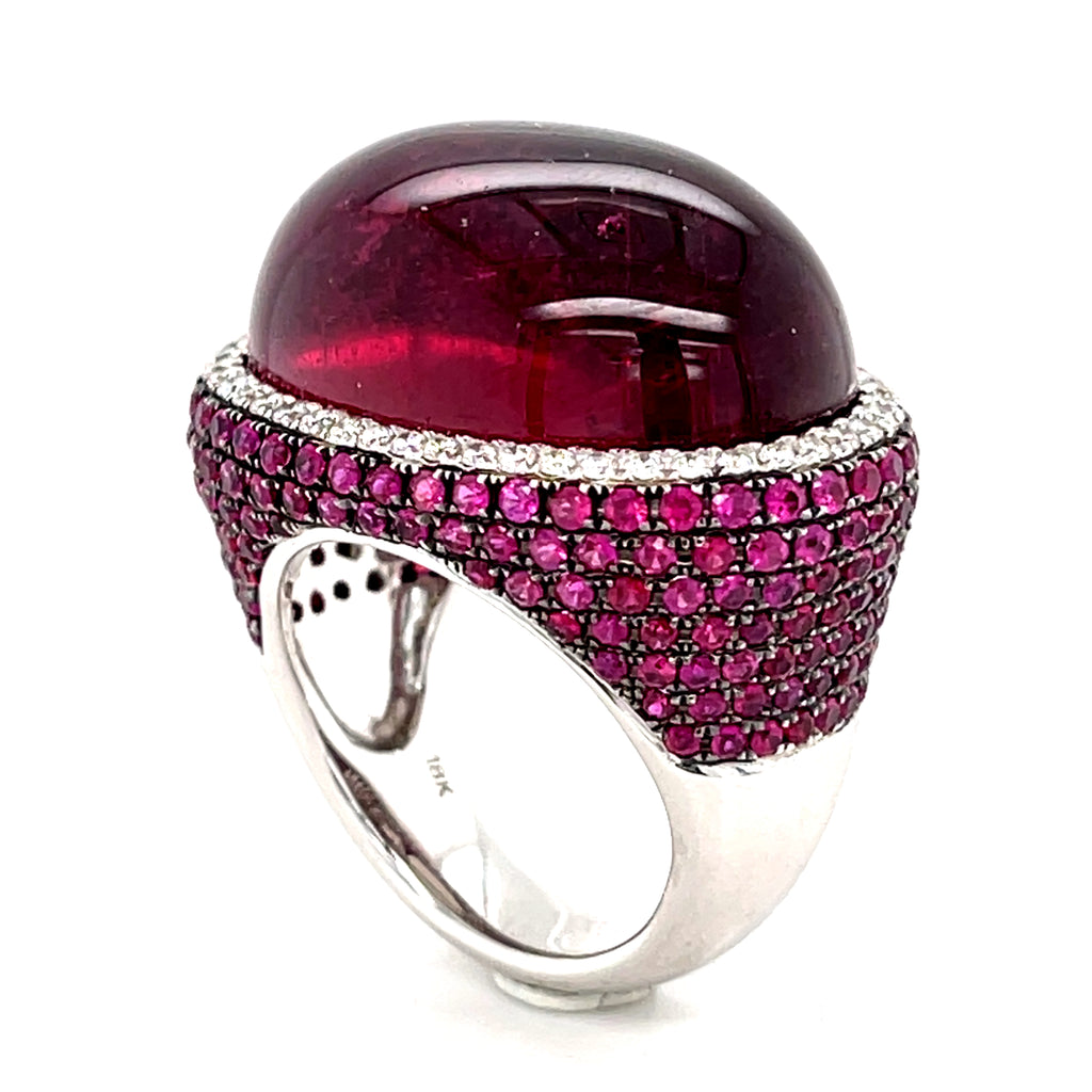18k White Gold & Rubellite Tourmaline Cabochon Ring w/ Diamond, Ruby Accents, Size 7.