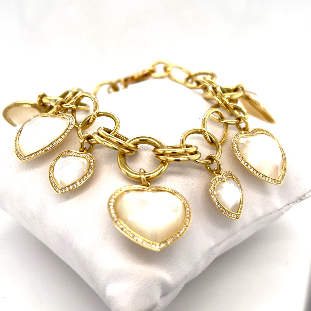 Ippolita 18k Yellow Gold Lollipop Mother-of-Pearl Heart Diamond Charm Bracelet, Size 7.5