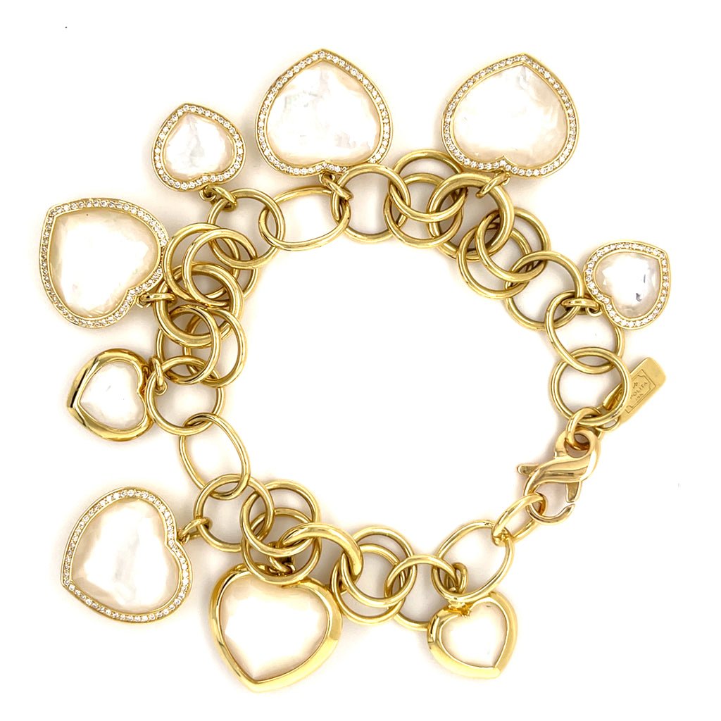 Ippolita 18k Yellow Gold Lollipop Mother-of-Pearl Heart Diamond Charm Bracelet, Size 7.5