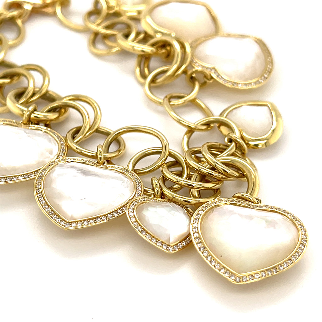 Ippolita 18k Yellow Gold Lollipop Mother-of-Pearl Heart Diamond Charm Bracelet, Size 7.5