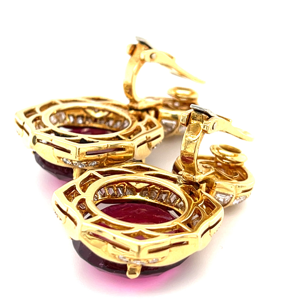 Bulgari Lotus Collection 18k Yellow Gold & Rubellite Tourmaline Earrings w/ Diamond Accents.