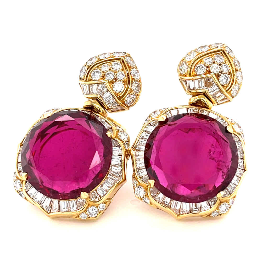 Bulgari Lotus Collection 18k Yellow Gold & Rubellite Tourmaline Earrings w/ Diamond Accents.