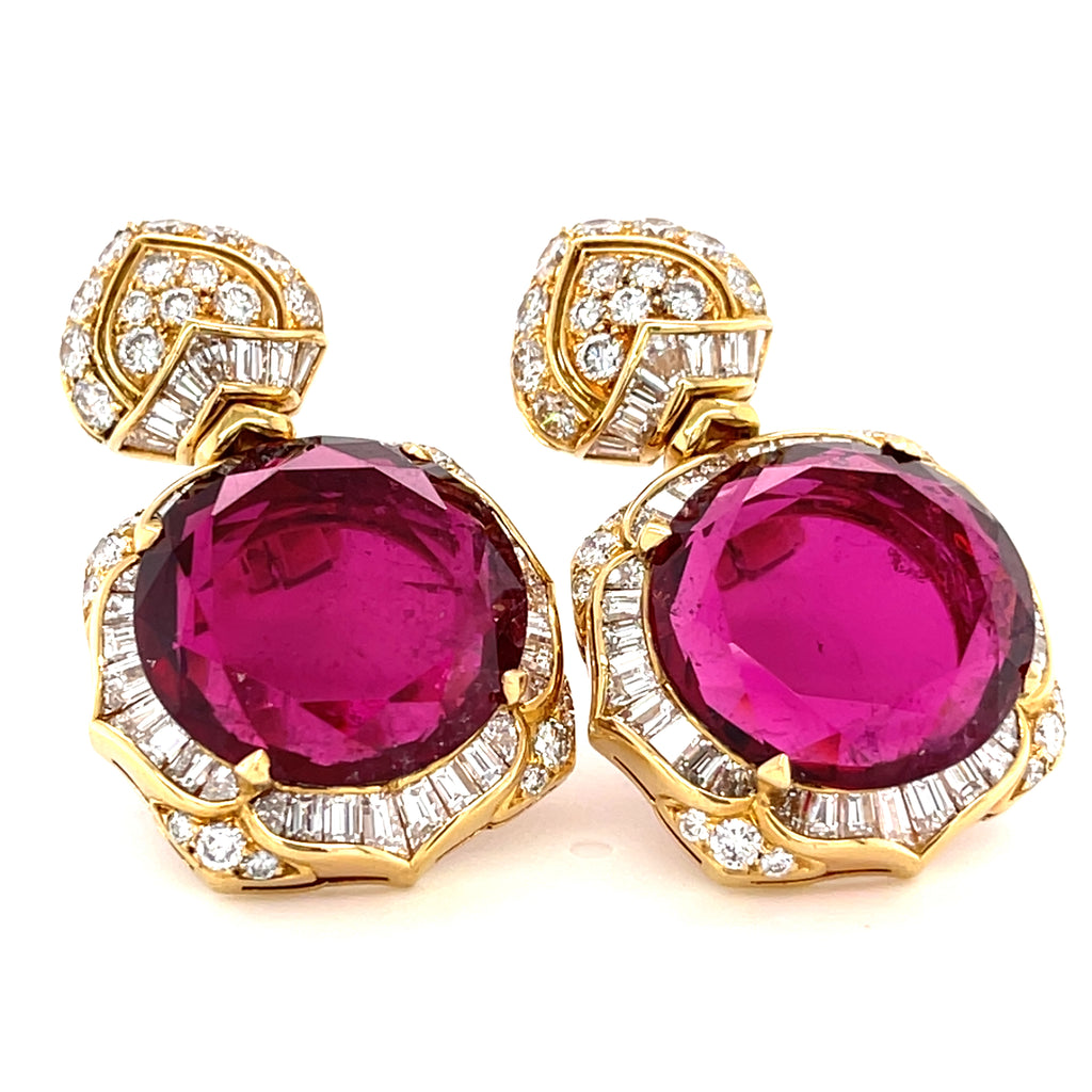 Bulgari Lotus Collection 18k Yellow Gold & Rubellite Tourmaline Earrings w/ Diamond Accents.