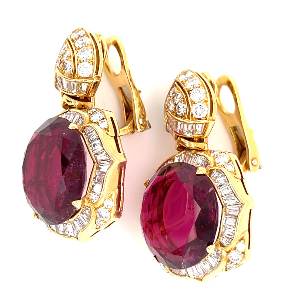 Bulgari Lotus Collection 18k Yellow Gold & Rubellite Tourmaline Earrings w/ Diamond Accents.