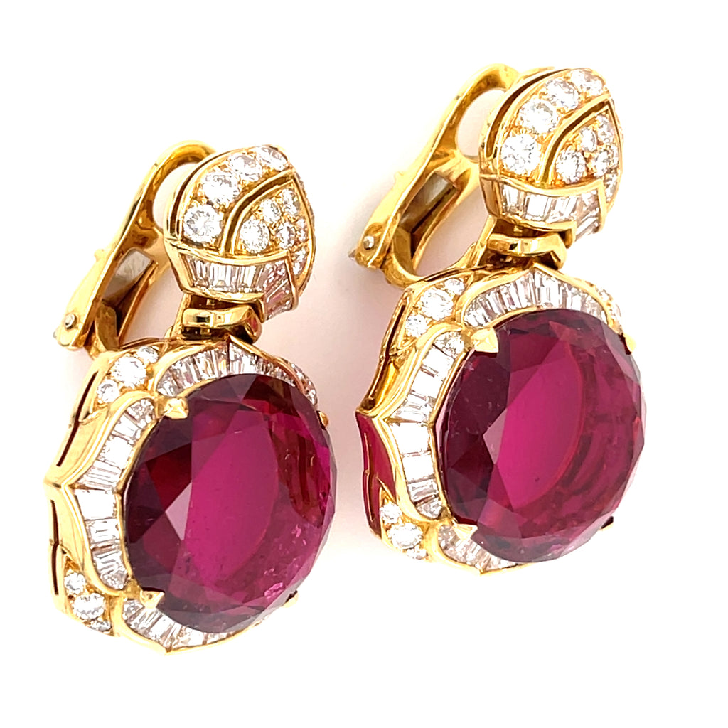 Bulgari Lotus Collection 18k Yellow Gold & Rubellite Tourmaline Earrings w/ Diamond Accents.