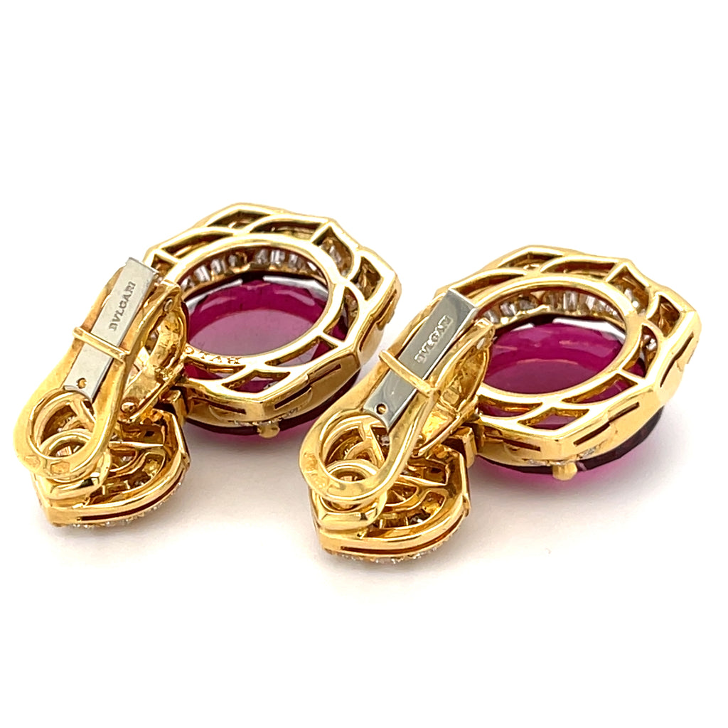 Bulgari Lotus Collection 18k Yellow Gold & Rubellite Tourmaline Earrings w/ Diamond Accents.