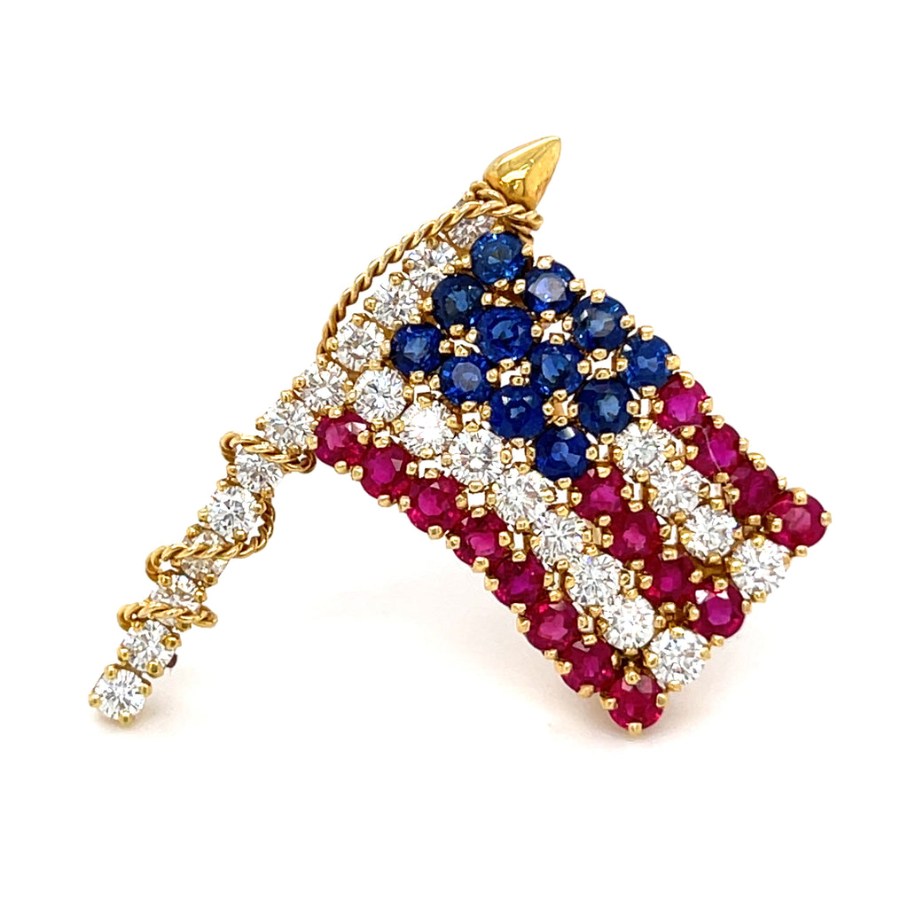 Van Cleef & Arpels 18k Gold USA Flag Brooch w/ Diamond, Ruby, Sapphire.