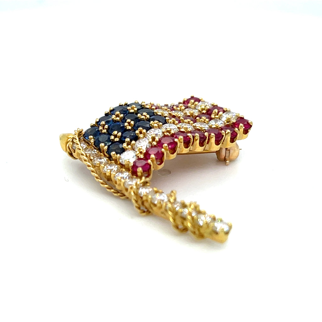 Van Cleef & Arpels 18k Yellow Gold Diamond, Ruby, Sapphire American Flag Brooch