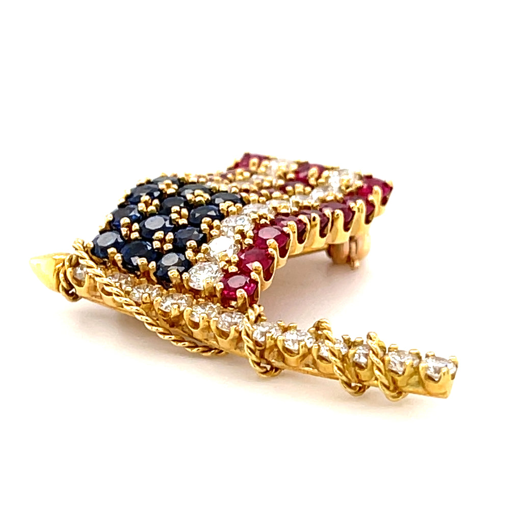 Van Cleef & Arpels 18k Gold USA Flag Brooch w/ Diamond, Ruby, Sapphire.