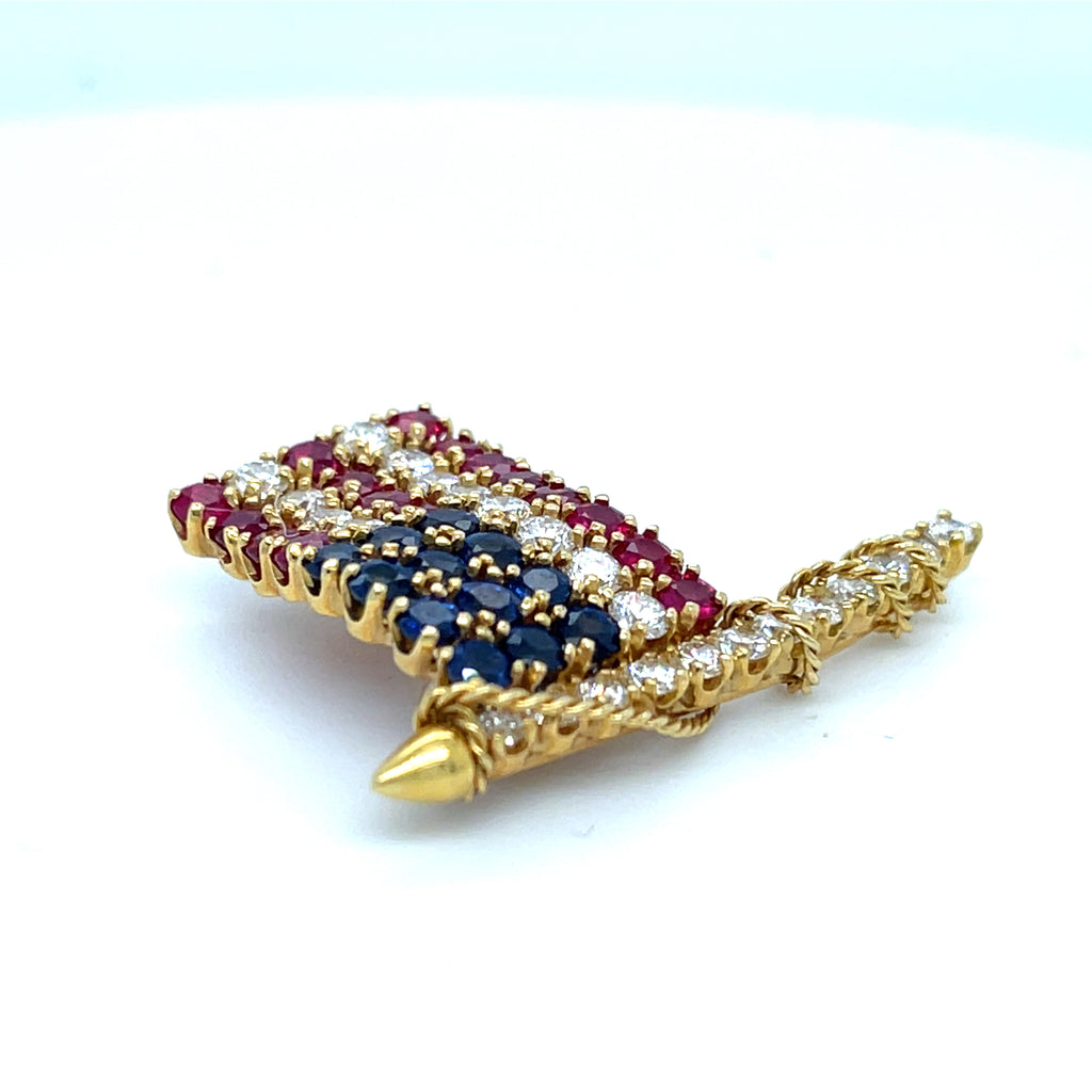 Van Cleef & Arpels 18k Yellow Gold Diamond, Ruby, Sapphire American Flag Brooch