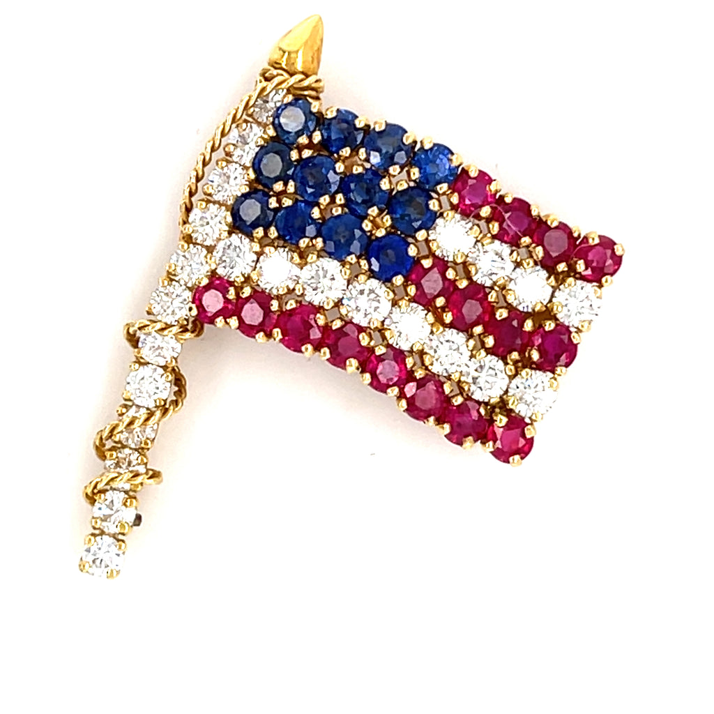 Van Cleef & Arpels 18k Gold USA Flag Brooch w/ Diamond, Ruby, Sapphire.