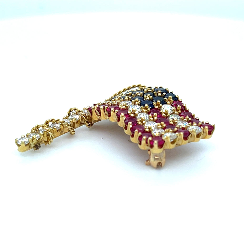 Van Cleef & Arpels 18k Yellow Gold Diamond, Ruby, Sapphire American Flag Brooch