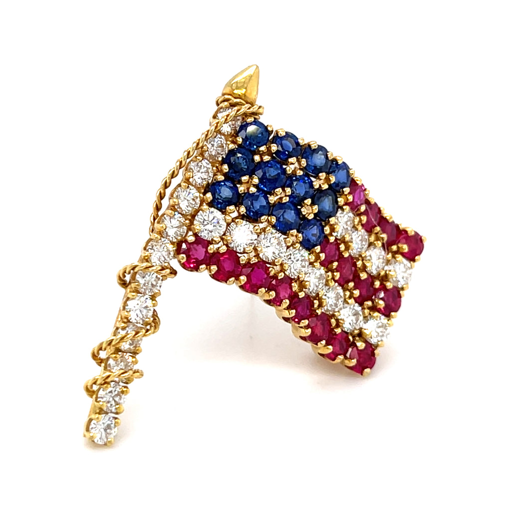 Van Cleef & Arpels 18k Gold USA Flag Brooch w/ Diamond, Ruby, Sapphire.