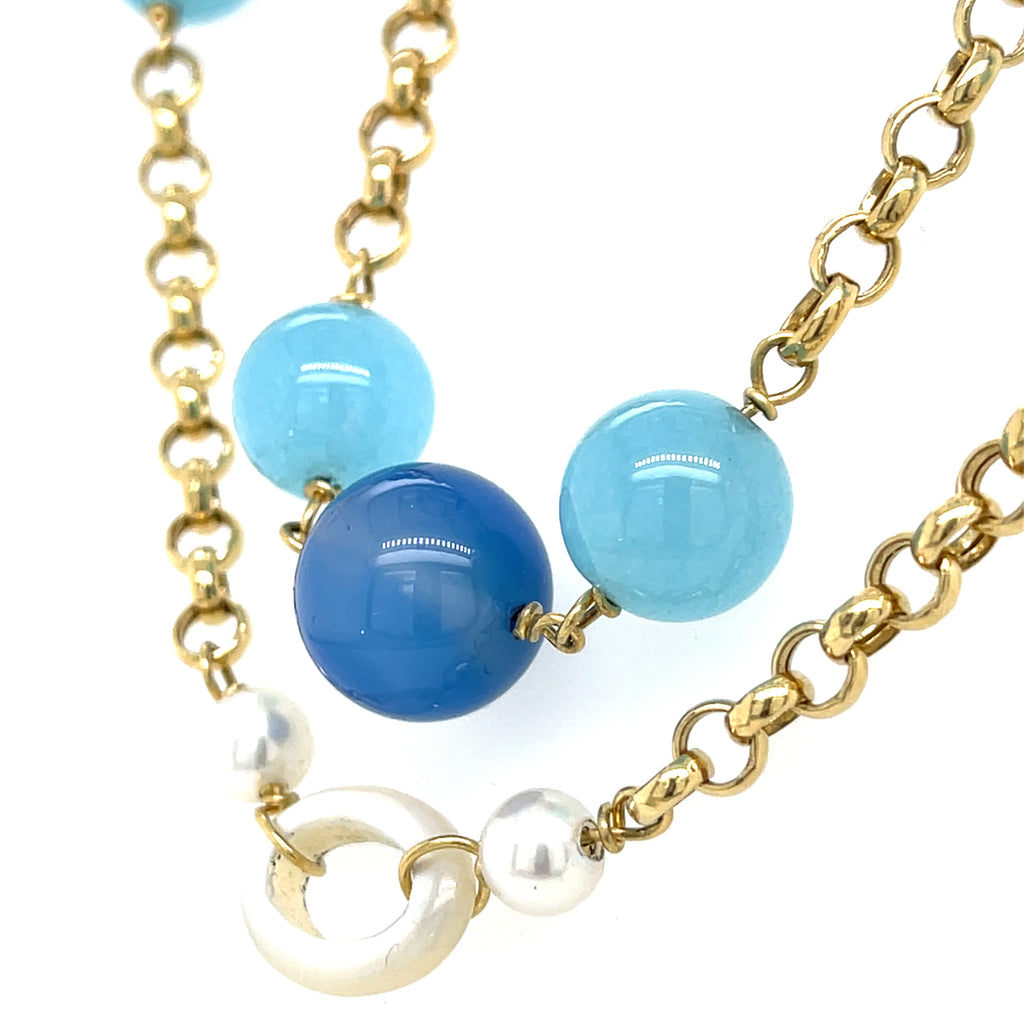 18k Yellow Gold & Cultured Pearl Strand Necklace w/ Unique Dyed Chalcedony, Length 36"