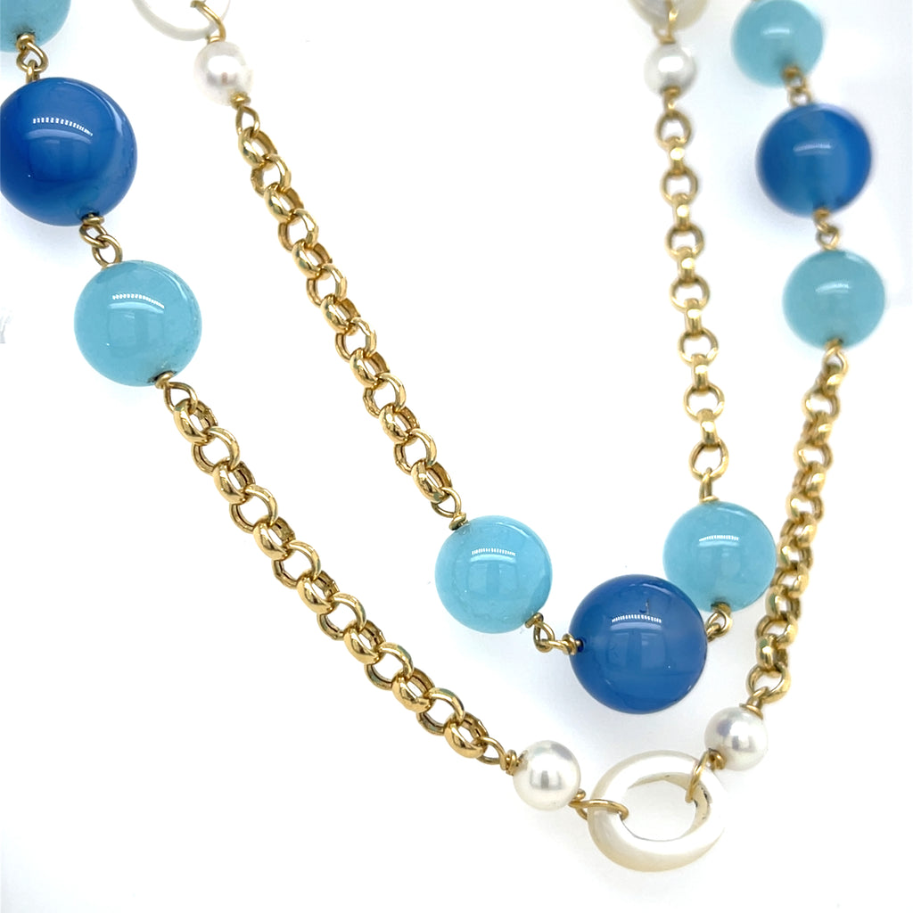 18k Yellow Gold & Cultured Pearl Strand Necklace w/ Unique Dyed Chalcedony, Length 36"