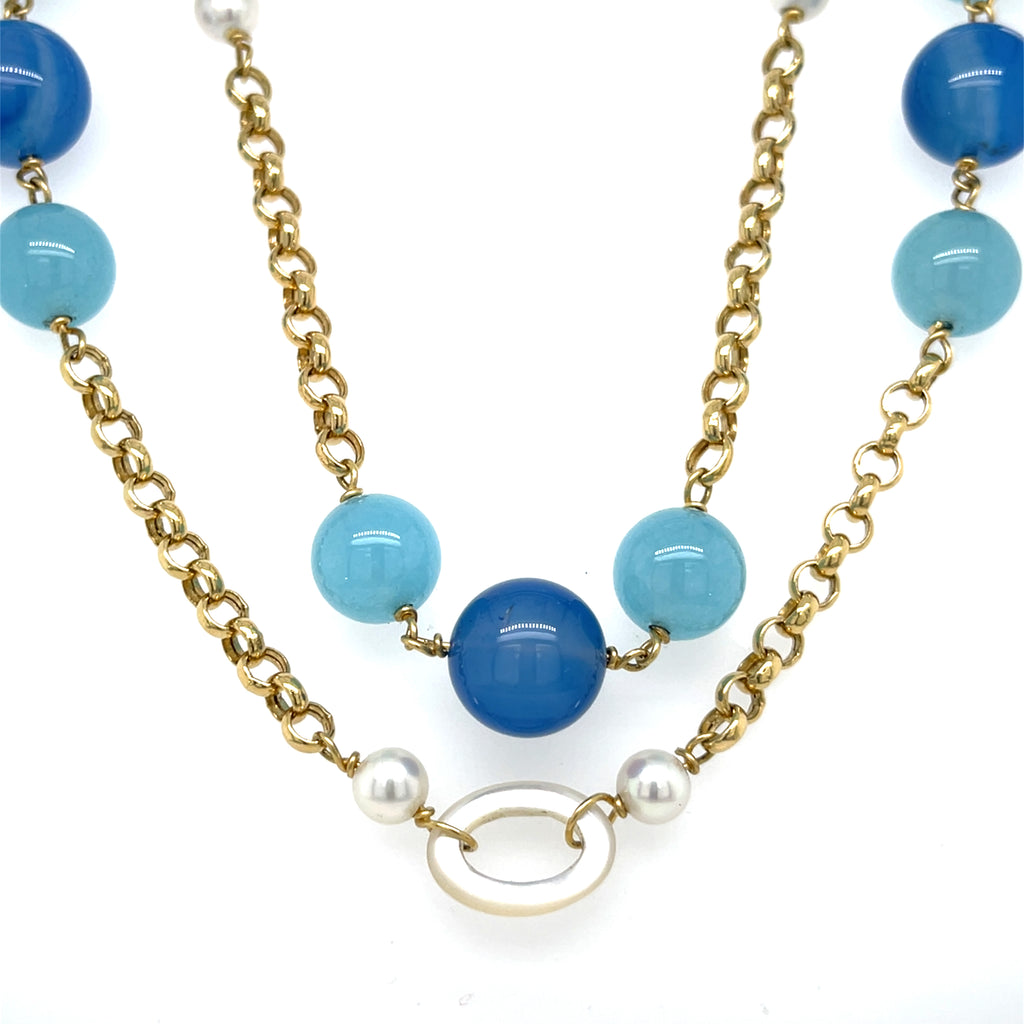 18k Yellow Gold & Cultured Pearl Strand Necklace w/ Unique Dyed Chalcedony, Length 36"