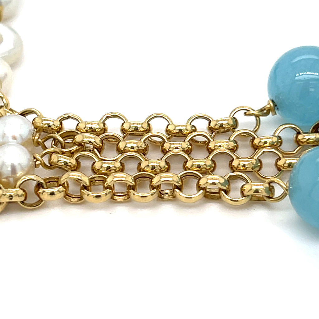 18k Yellow Gold & Cultured Pearl Strand Necklace w/ Unique Dyed Chalcedony, Length 36"