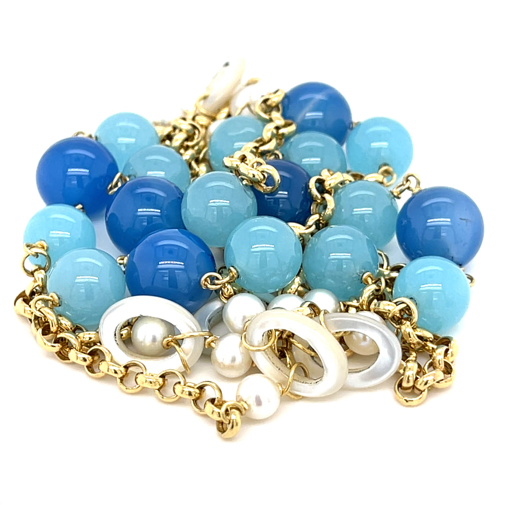 18k Yellow Gold & Cultured Pearl Strand Necklace w/ Unique Dyed Chalcedony, Length 36"