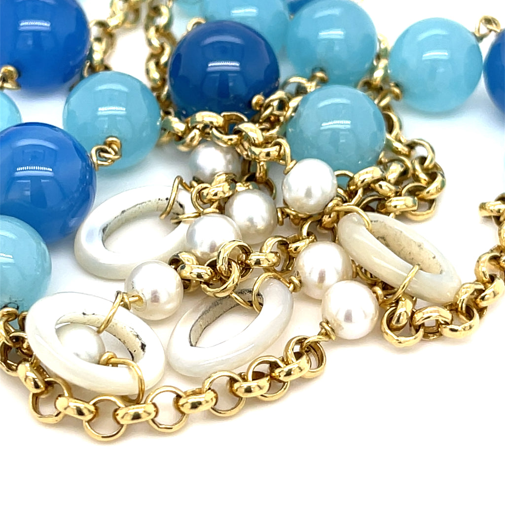 18k Yellow Gold & Cultured Pearl Strand Necklace w/ Unique Dyed Chalcedony, Length 36"