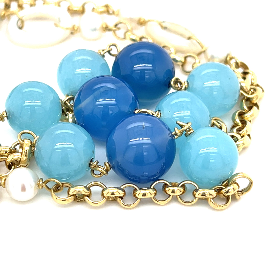 18k Yellow Gold & Cultured Pearl Strand Necklace w/ Unique Dyed Chalcedony, Length 36"