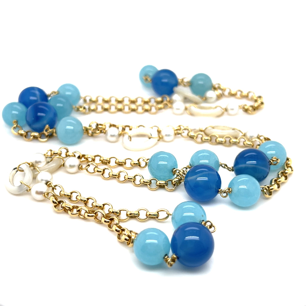 18k Yellow Gold & Cultured Pearl Strand Necklace w/ Unique Dyed Chalcedony, Length 36"