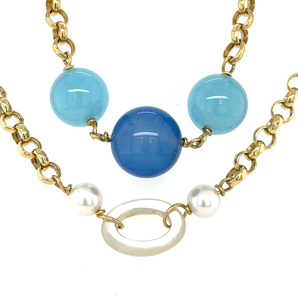 18k Yellow Gold & Cultured Pearl Strand Necklace w/ Unique Dyed Chalcedony, Length 36"