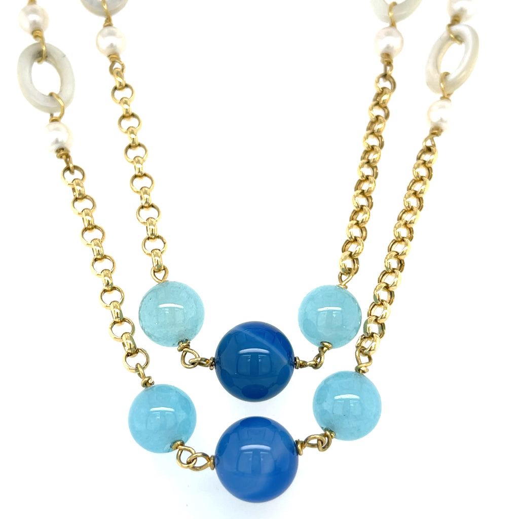 18k Yellow Gold & Cultured Pearl Strand Necklace w/ Dyed Chalcedony, Length 42"