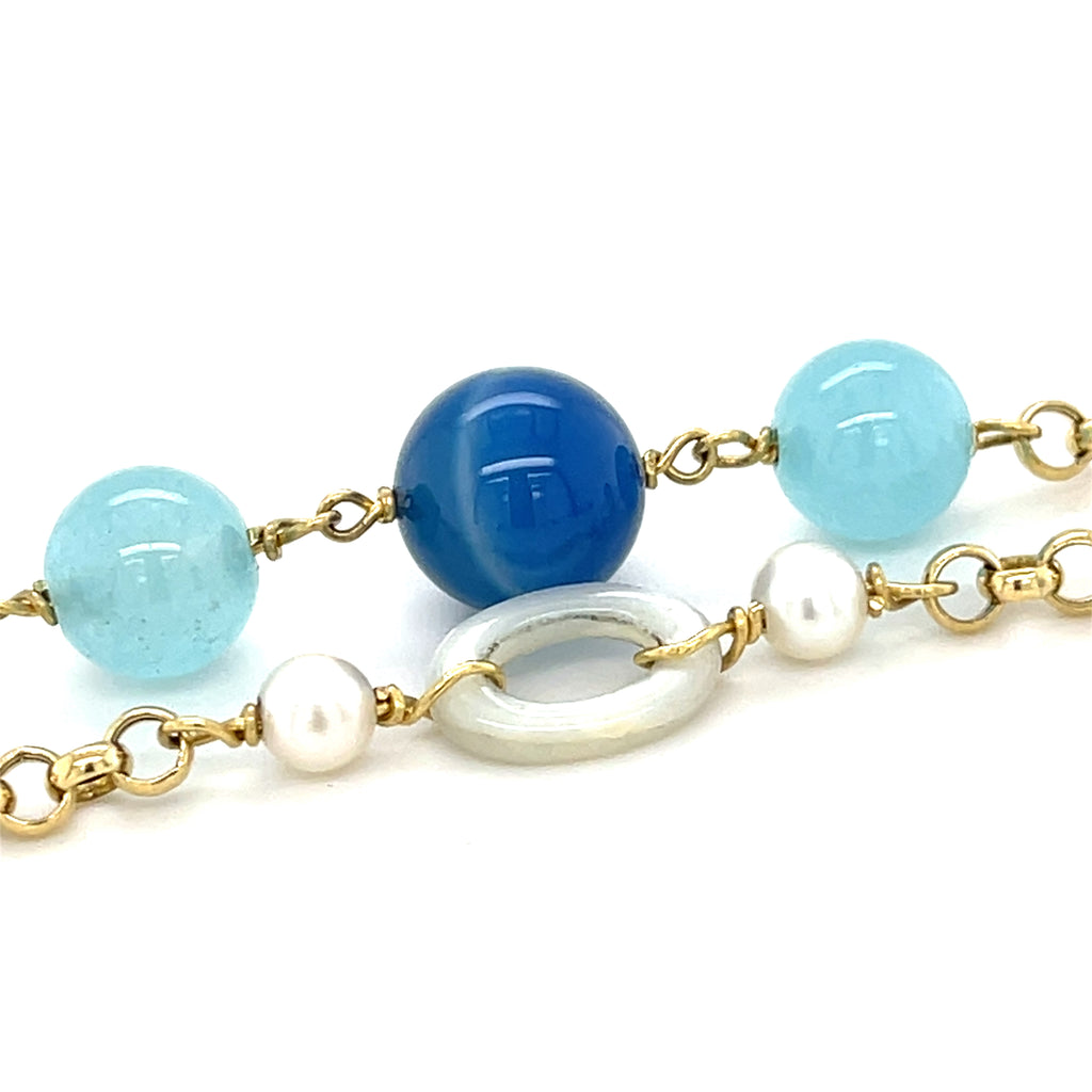 18k Yellow Gold & Cultured Pearl Strand Necklace w/ Dyed Chalcedony, Length 42"