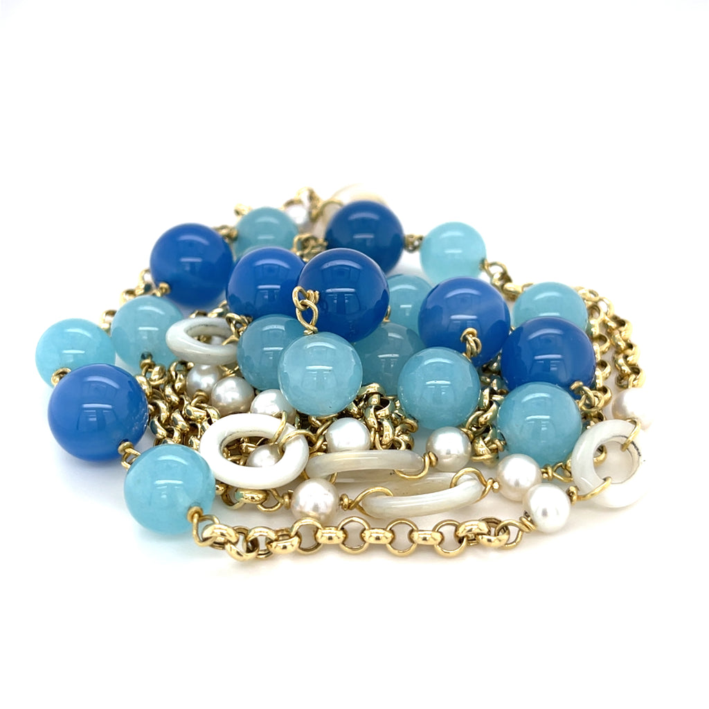 18k Yellow Gold & Cultured Pearl Strand Necklace w/ Dyed Chalcedony, Length 42"