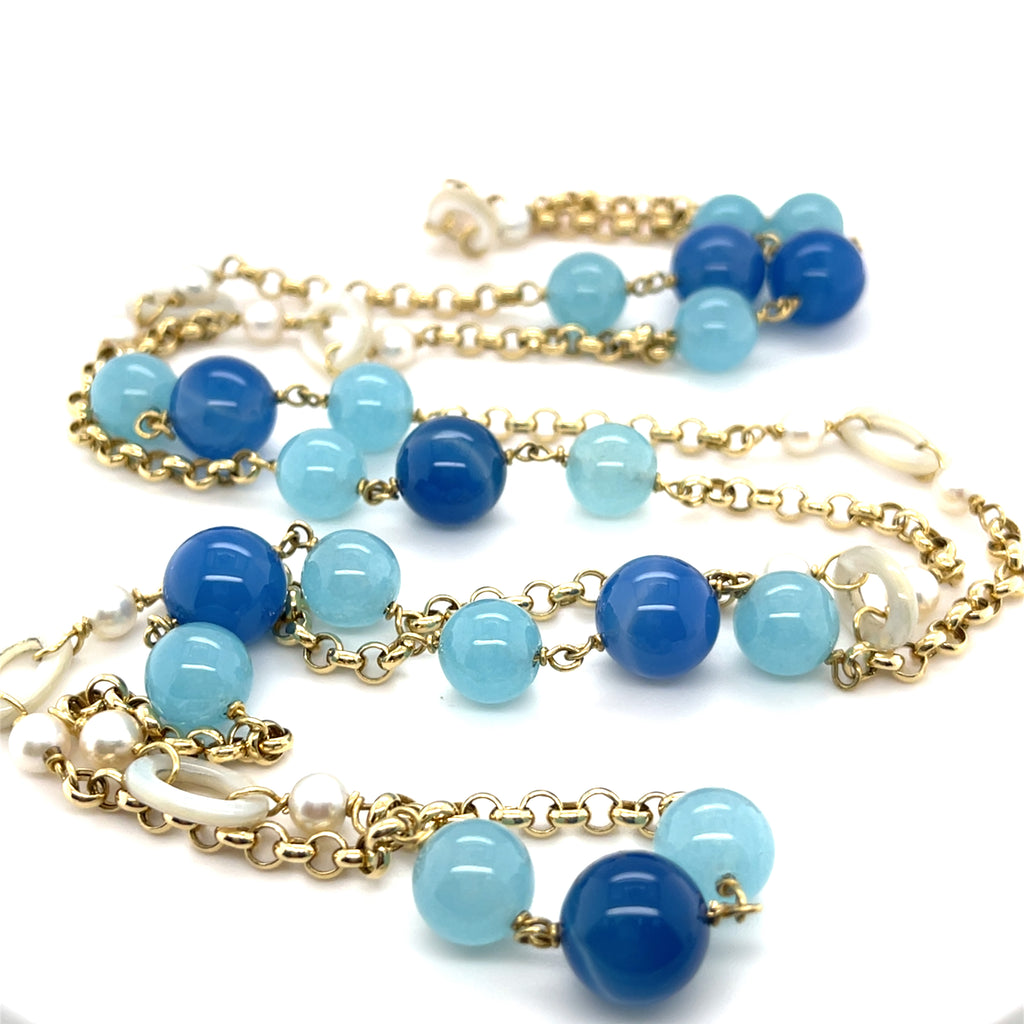 18k Yellow Gold & Cultured Pearl Strand Necklace w/ Dyed Chalcedony, Length 42"