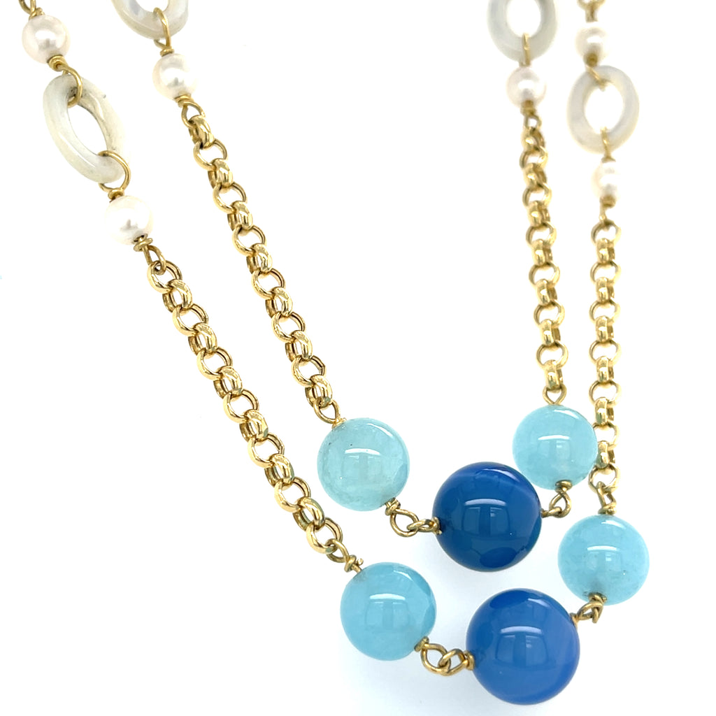 18k Yellow Gold & Cultured Pearl Strand Necklace w/ Dyed Chalcedony, Length 42"