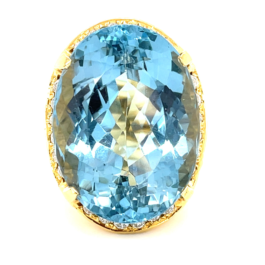 18k Yellow Gold & Oval 72.19ct Aquamarine Ring w/ 1ct Diamond Halo, Size 7.75