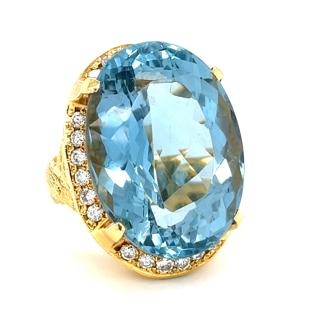 18k Yellow Gold & Oval 72.19ct Aquamarine Ring w/ 1ct Diamond Halo, Size 7.75