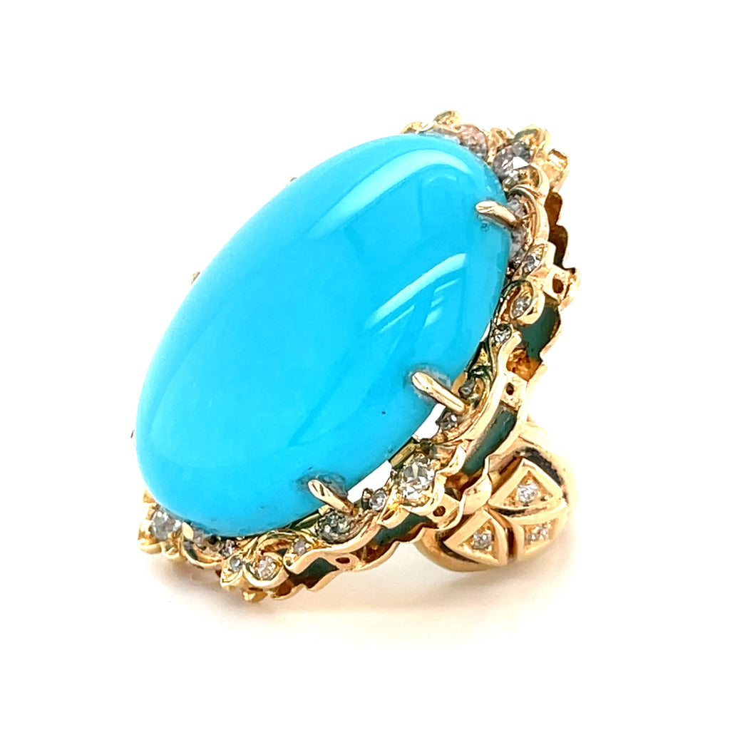 14k Rose Gold & Oval Turquoise Cabochon Ring w/ Diamond Accents, Size 6.75