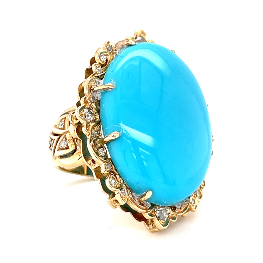 14k Rose Gold & Oval Turquoise Cabochon Ring w/ Diamond Accents, Size 6.75