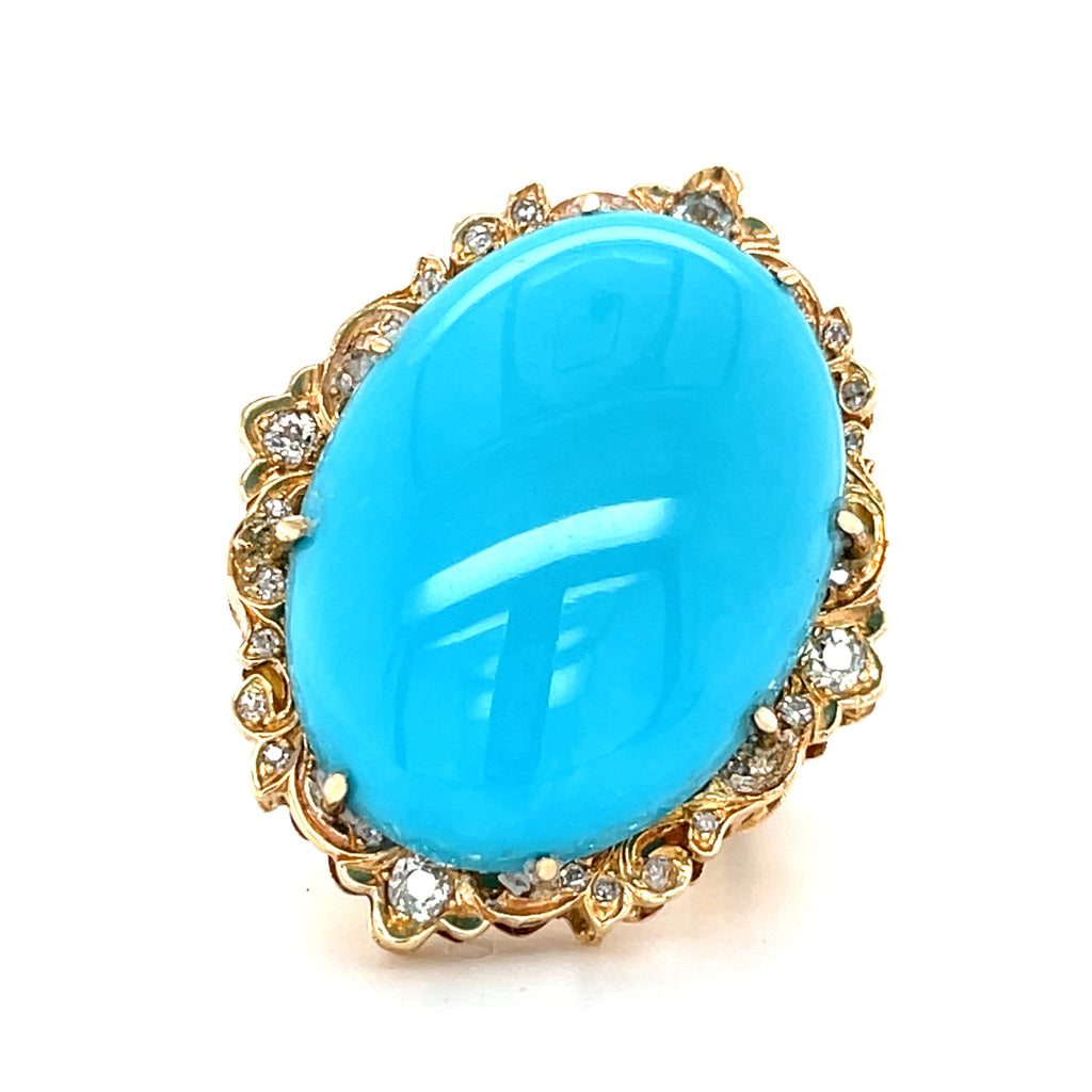 14k Rose Gold & Oval Turquoise Cabochon Ring w/ Diamond Accents, Size 6.75