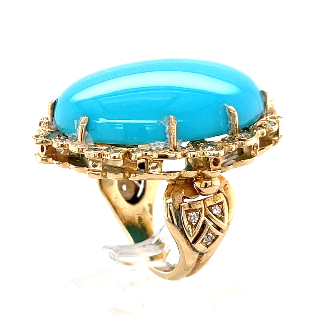 14k Rose Gold & Oval Turquoise Cabochon Ring w/ Diamond Accents, Size 6.75