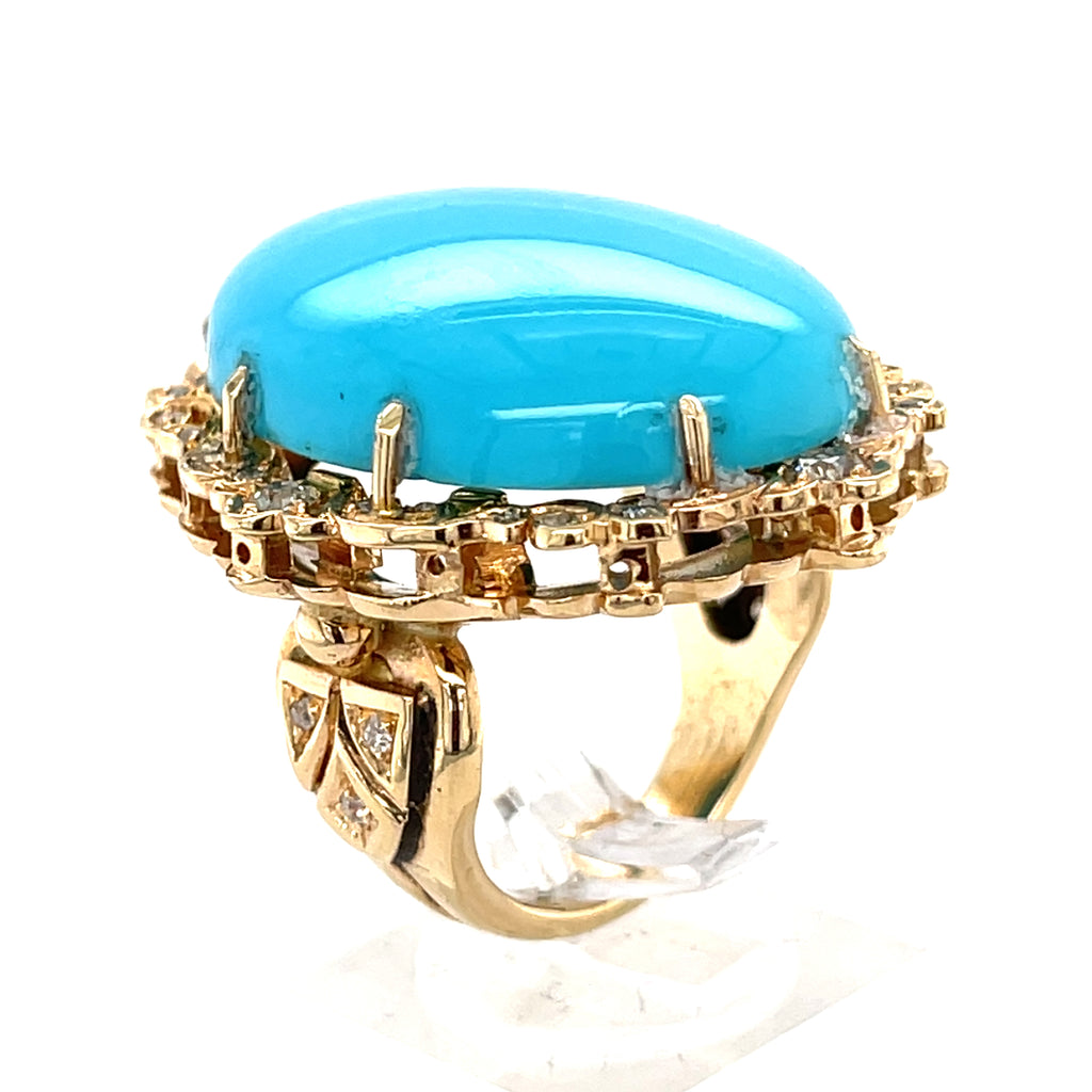 14k Rose Gold & Oval Turquoise Cabochon Ring w/ Diamond Accents, Size 6.75