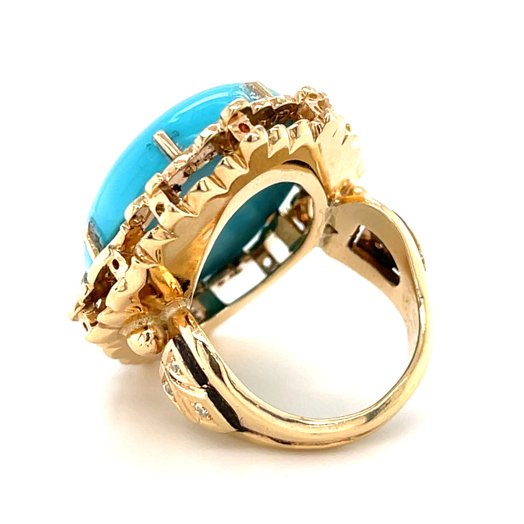 14k Rose Gold & Oval Turquoise Cabochon Ring w/ Diamond Accents, Size 6.75