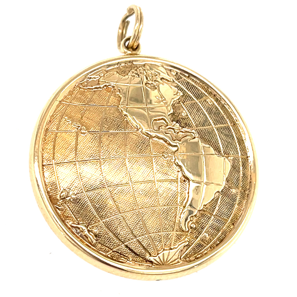 14k Yellow Gold World Globe Pendant, Earth Map w/ Reverse, 28mm