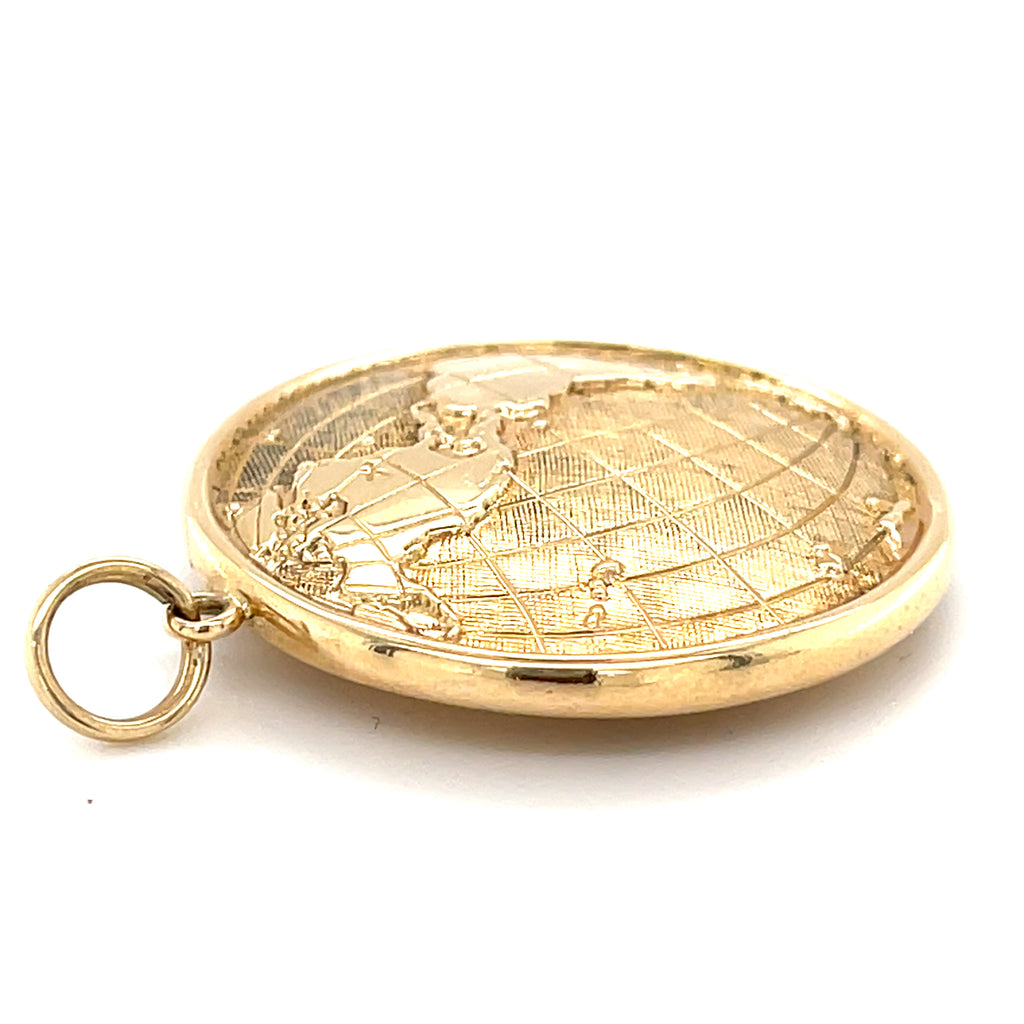14k Yellow Gold World Globe Pendant, Earth Map w/ Reverse, 28mm