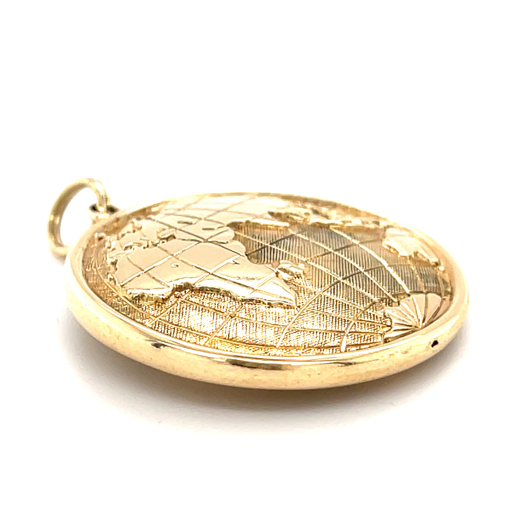 14k Yellow Gold World Globe Pendant, Earth Map w/ Reverse, 28mm