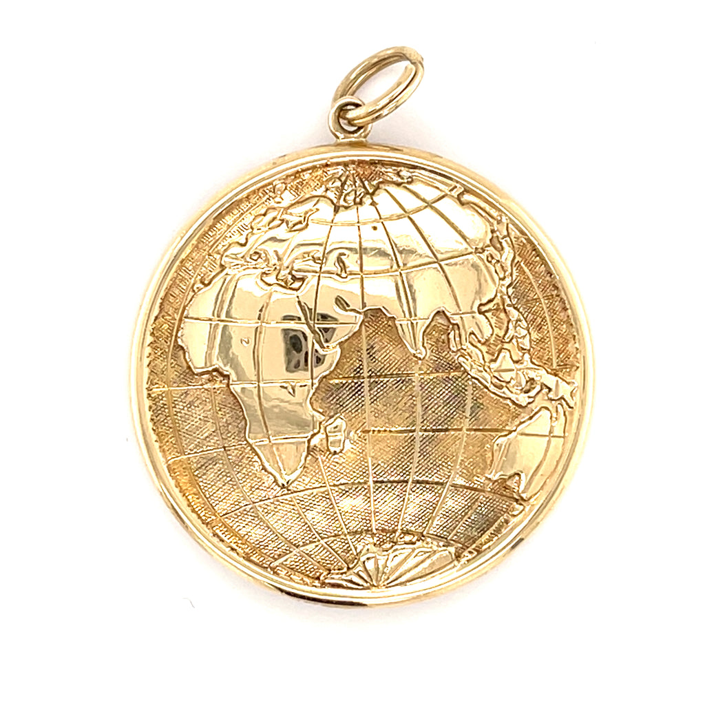 14k Yellow Gold World Globe Pendant, Earth Map w/ Reverse, 28mm