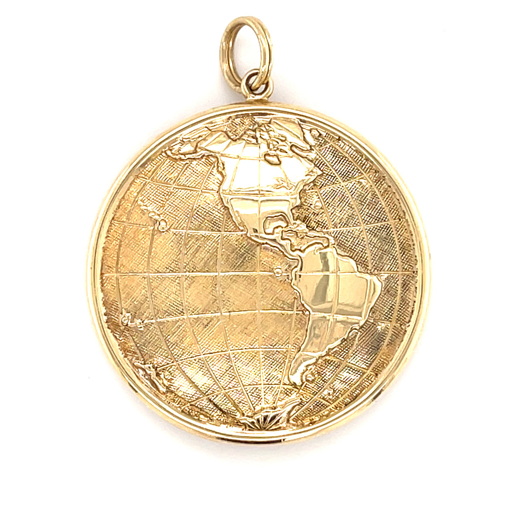 14k Yellow Gold World Globe Pendant, Earth Map w/ Reverse, 28mm