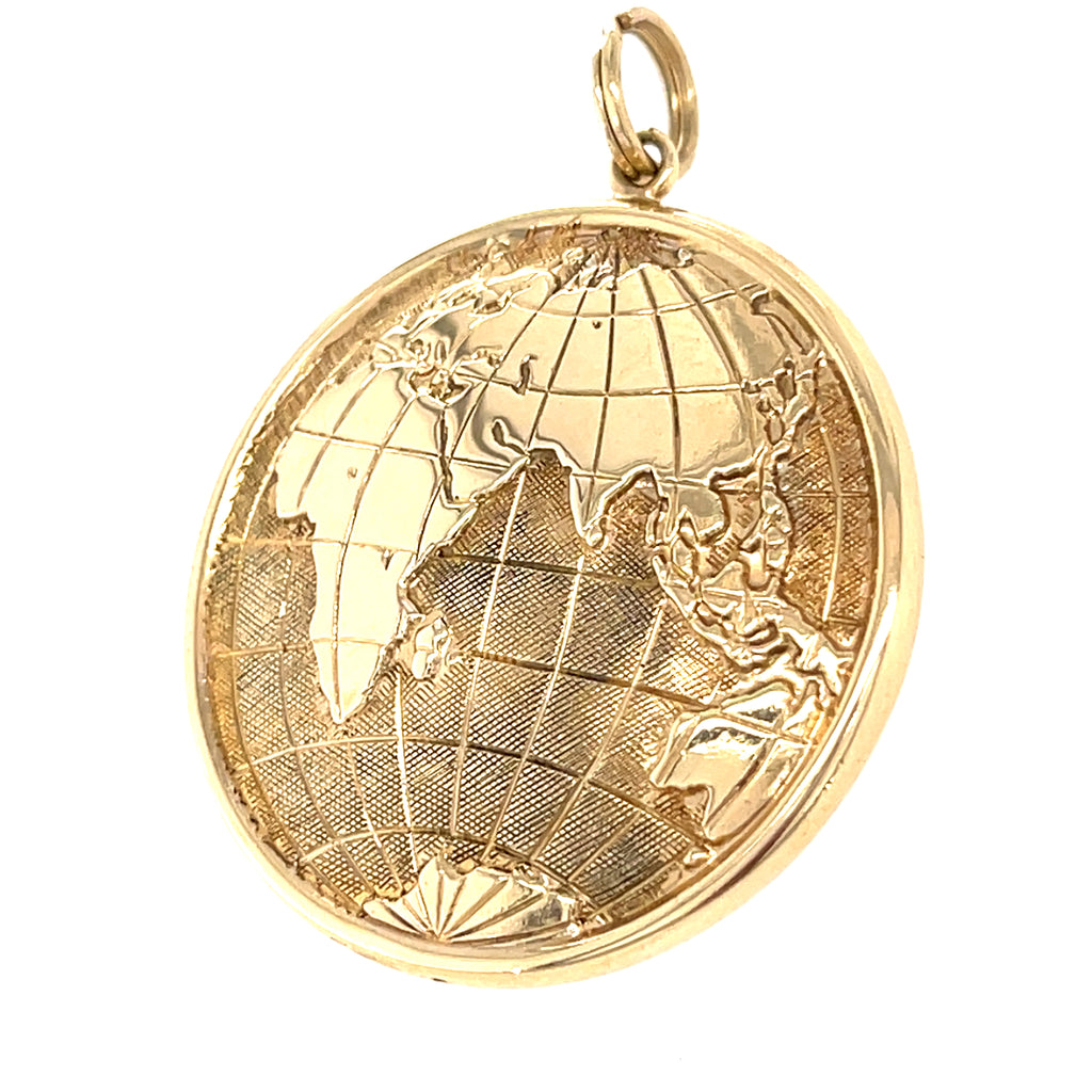 14k Yellow Gold World Globe Pendant, Earth Map w/ Reverse, 28mm