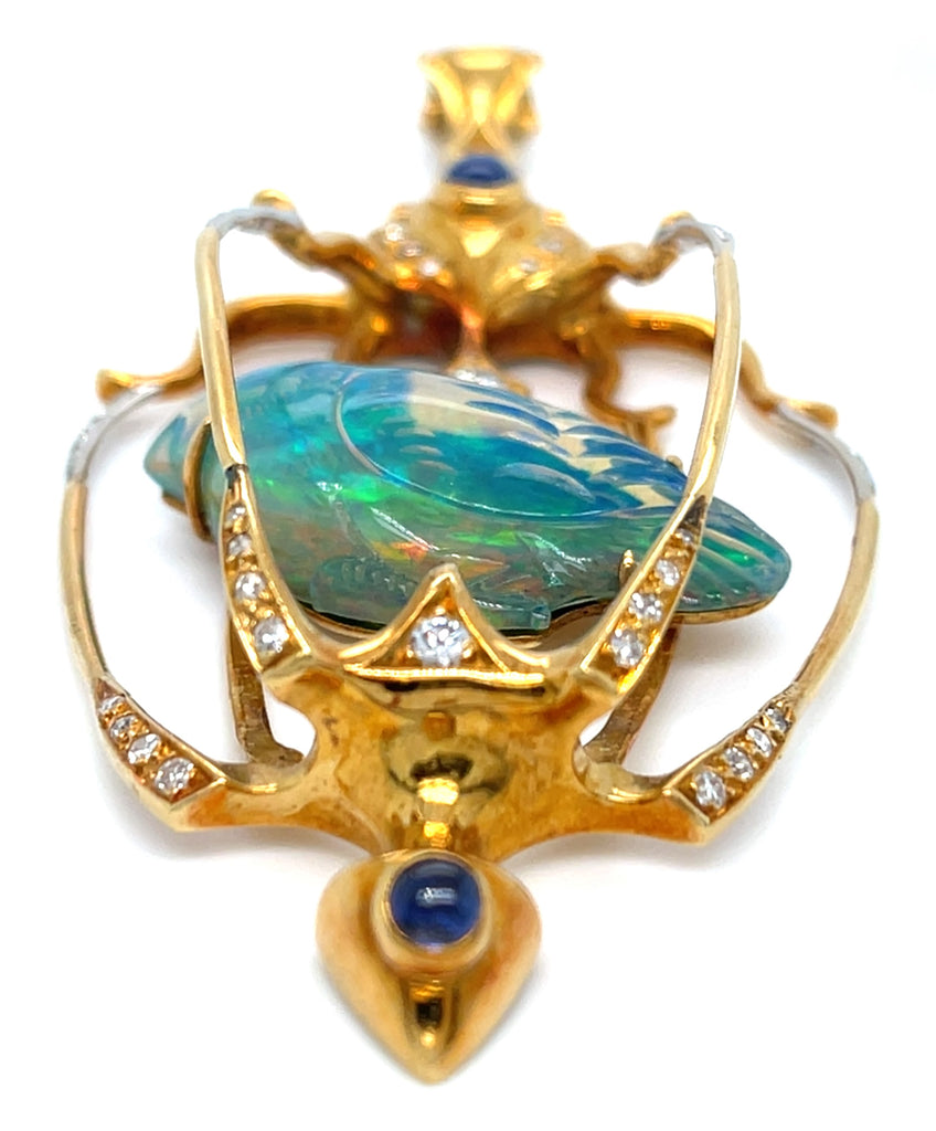 Balogh 18k Yellow Gold & Carved Opal Star Sapphire Caged Bird Pendant w/ Diamond Accents.